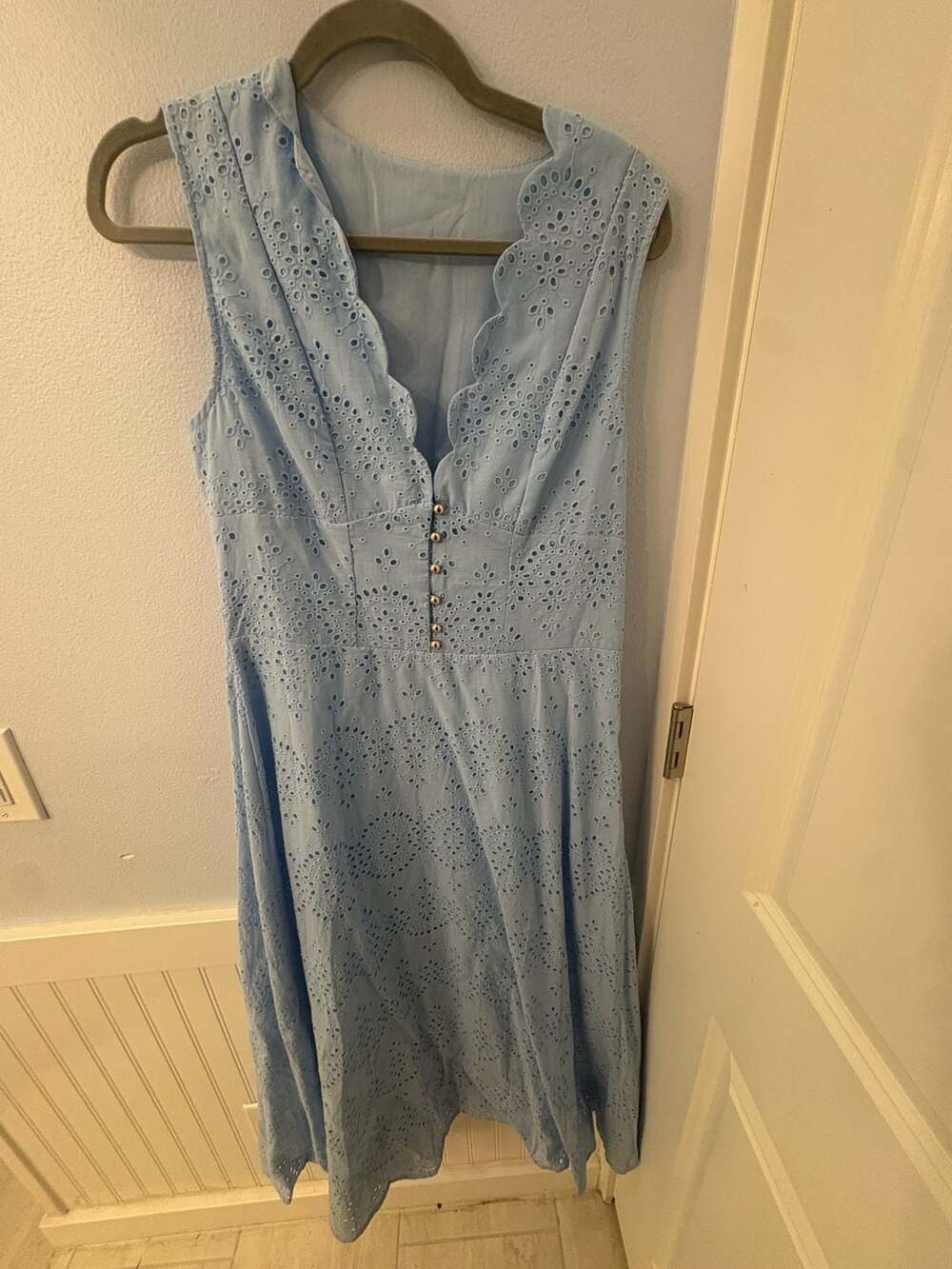 Cotton Sleeveless Embroidered Eyelet Dress with Deep V Neck